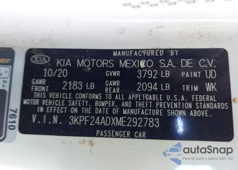 2021 Kia Forte Lxs из США, поврежденный, VIN 3KPF24ADXME292783